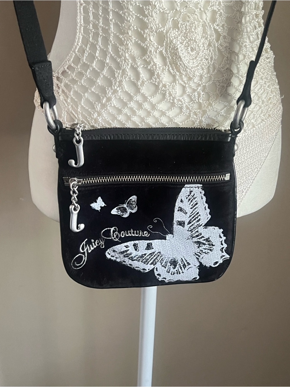 VINTAGE Y2K Juicy Couture Black Crossbody with White Butterfly Embroidery